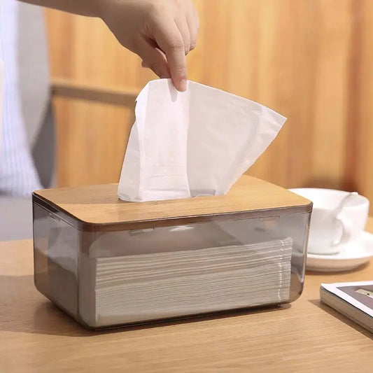 Bamboo Lid Tissue Box – Modern Plastic Holder for Home & Office